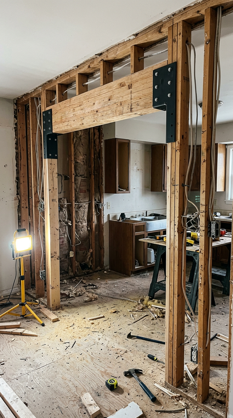 Sample photo of an open kitchen wall with a new beam being set