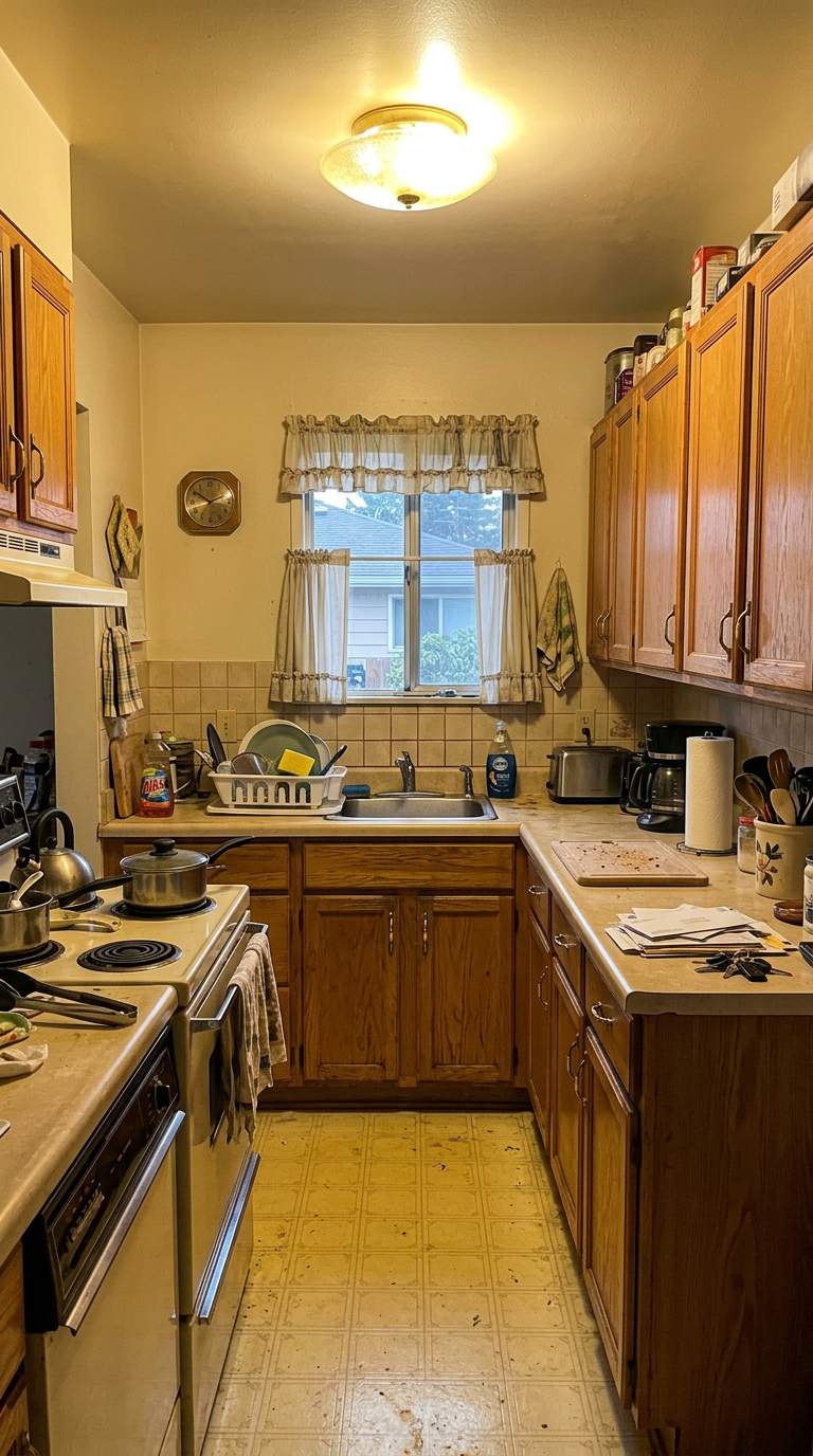Sample before photo of a dated kitchen