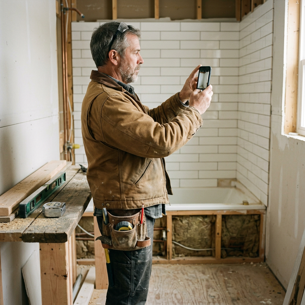 A remodeler in a work jacket photographing a newly tiled bathroom wall with his phone