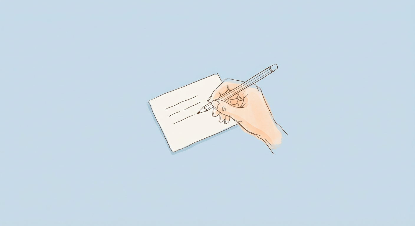Hand-drawn illustration of a hand writing on a small card
