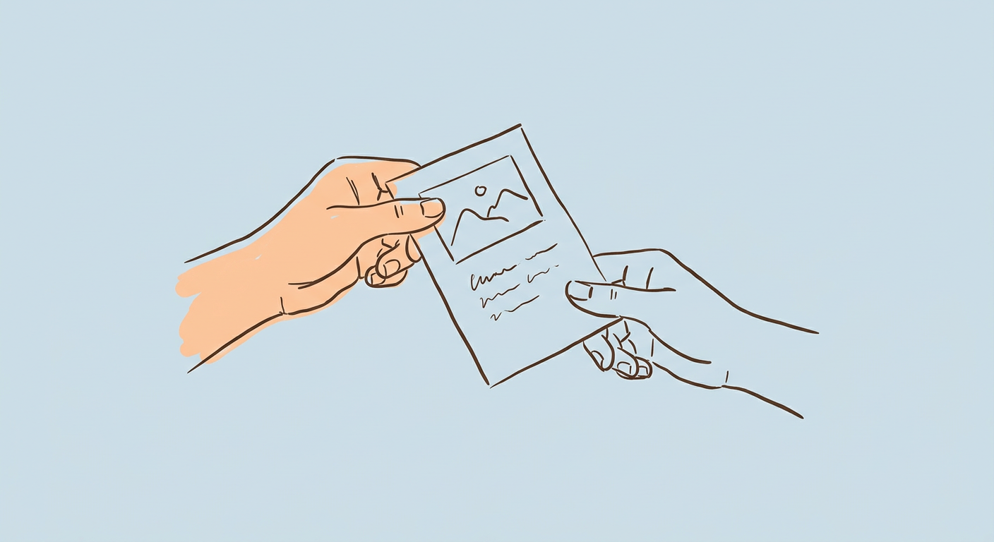 Hand-drawn illustration of two hands passing a page to each other